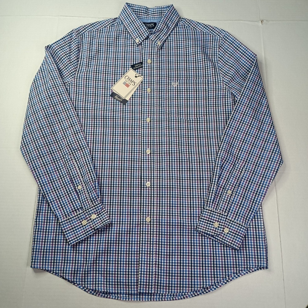 Chaps Easy Care Woven Shirt Men's Size M Deep Lavender Check Stretch Classic Fit